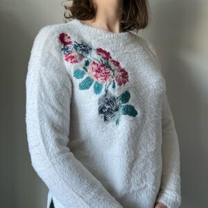 Floral Embroidered White Sweater by Springfield, Size S
